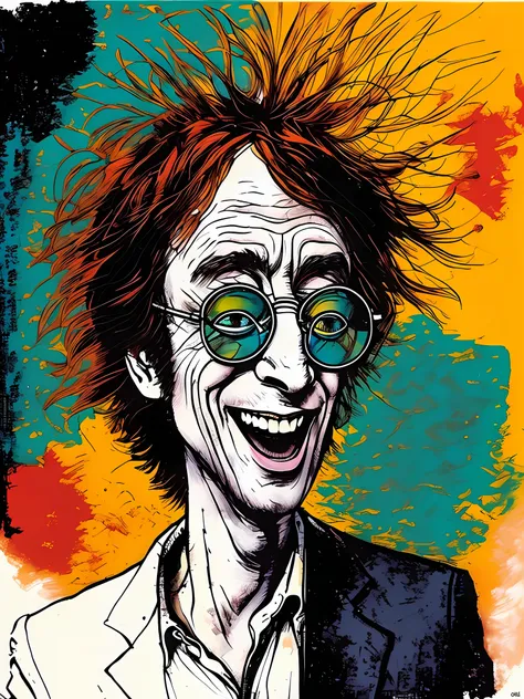 painting of a man with red hair and glasses smiling, velho john lennon, john lennon, elton john lennon, caricatura, estilo ralph...