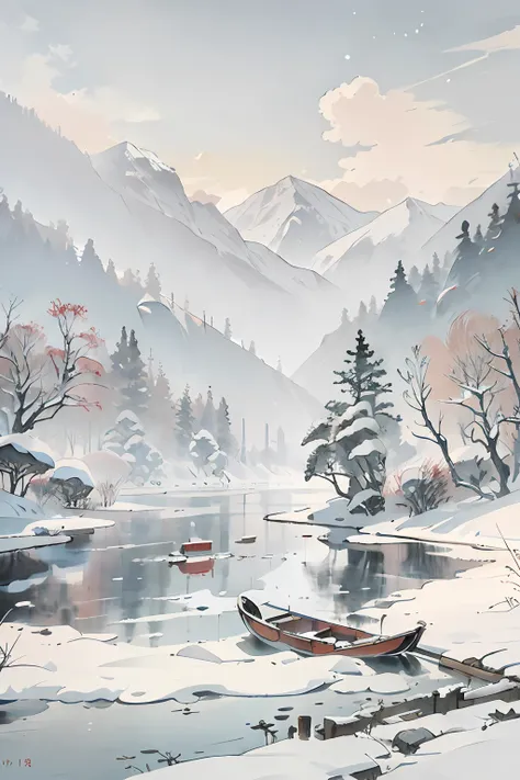 （tmasterpiece，best qualtiy：1.2），tradition chinese ink painting，near a river，lonely boats，fishing alone in the cold river snow