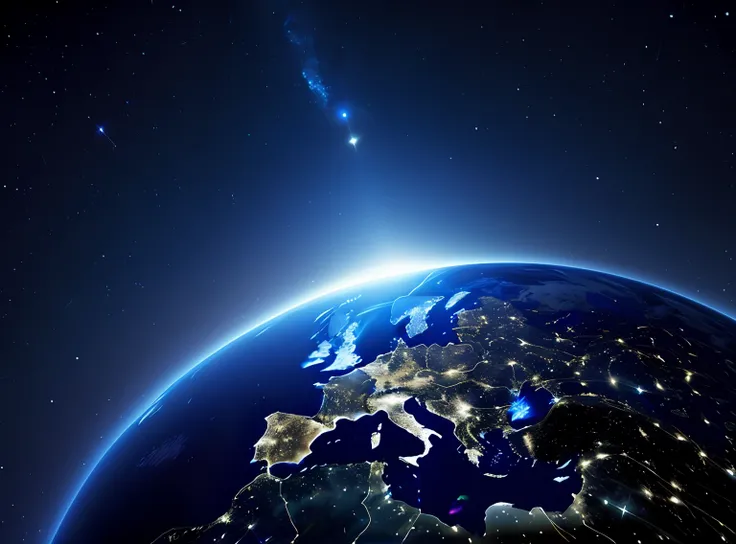 Aradoid view of the Earth at night when the sun rises, space photo, earth in space, photo from space, photo of earth from space, looming over earth in space, planet earth in the background, earth in space, planet in space over the horizon, shutter inventory, planet earth background, planet earth in the foreground, author：Jacob Galmain