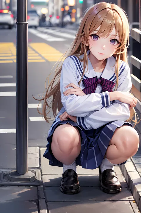Move the center of gravity back、Put your hands forward from your feet、Put your feet in a ring of hands、pretty embarrassing、witheout panties、Thin leg、tight skirts、90 degree knees、heels on the ground、hands in front of feet、Hugging legs、Knelt、walkway、RAW Phot...