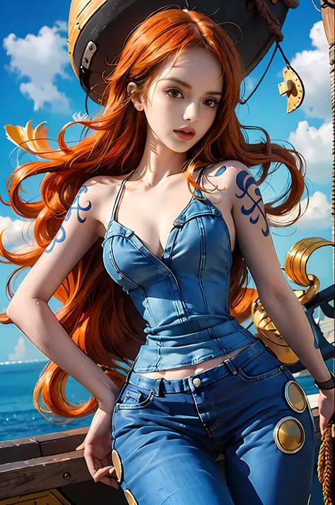 (((masterpiece+best quality+high resolution+ultra-detailed))), nami(one piece), long silky orange hair, high nose, sharp eyes, noble and inviolable temperament, (([female]: 1.2 + [beauty]: 1.2 + orange long hair: 1.2)), pirate ship background, (one piece),...