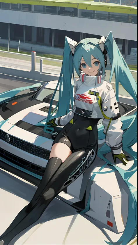 masterpiece,(ultra-detailed),1girl, smile, car,  racecar, circuit,  racing miku, black bodysuit, cropped jacket, white jacket, l...