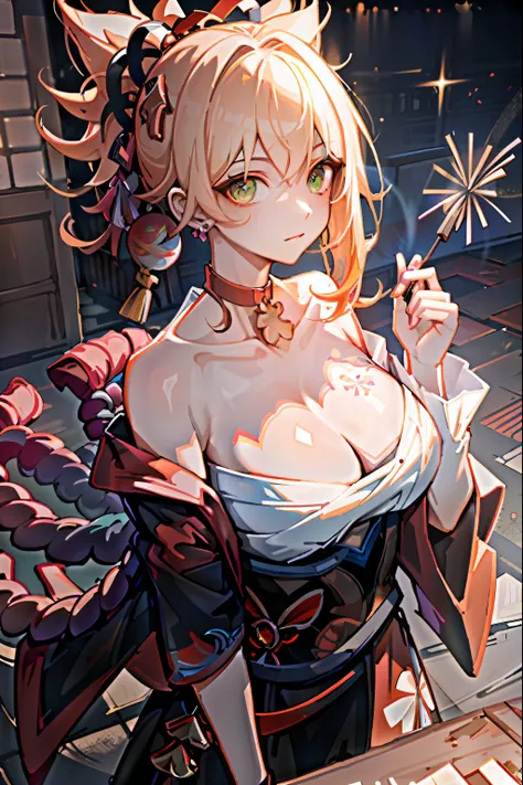 (tmasterpiece,Need,1girll,Solo,The details are complex,color difference),photorealestic,((Medium breath)),cropped shoulders,huge tit,Raised sexy,Yomiya(Genshin Impact),Pink Long Hair,red headgear,Red highlight,Hair above one eye,Green eyes,耳Nipple Ring,sha...