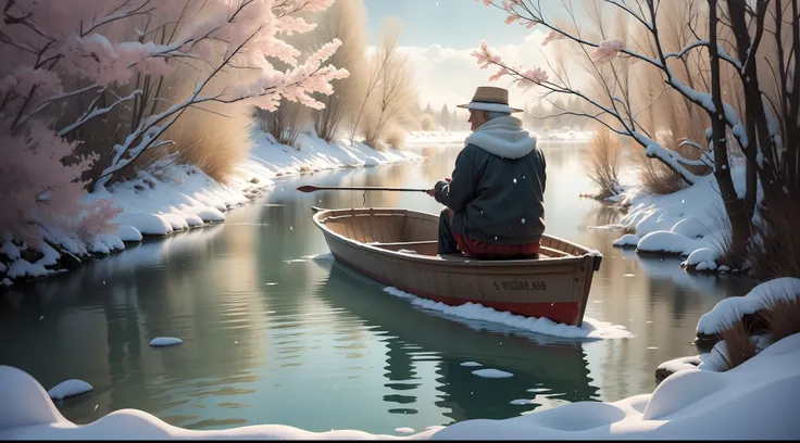 an old man in a solitary boat, fishing alone in the cold river snow