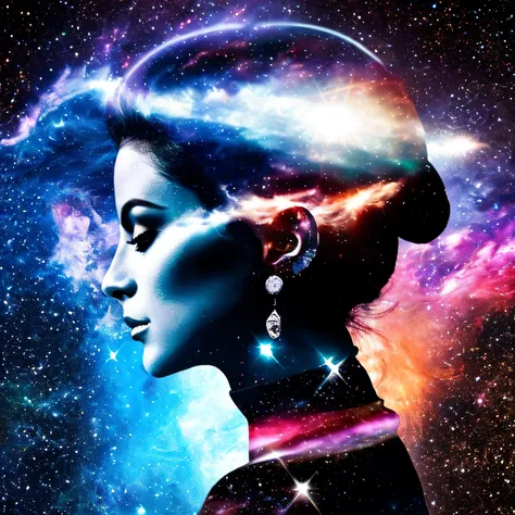 dblxp a close-up photo profile of a gorgeous and stunning woman made from a galaxy, fundo preto