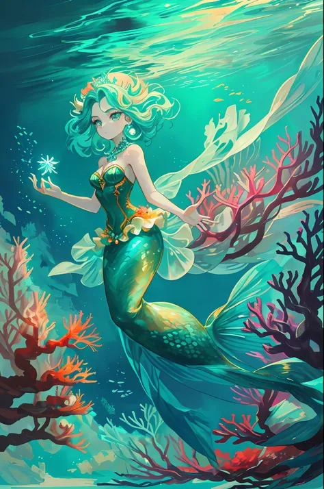 in the deep water of a coral reef, there is a mermaid that looks like a beautiful woman, the body color is more like emerald, th...