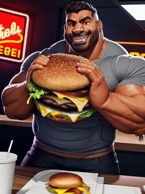 .cgi,realismo, large muscles,cerveja, comer, two-handed burger, holding a huge burger with both hands, fechar para cima, fundo d...