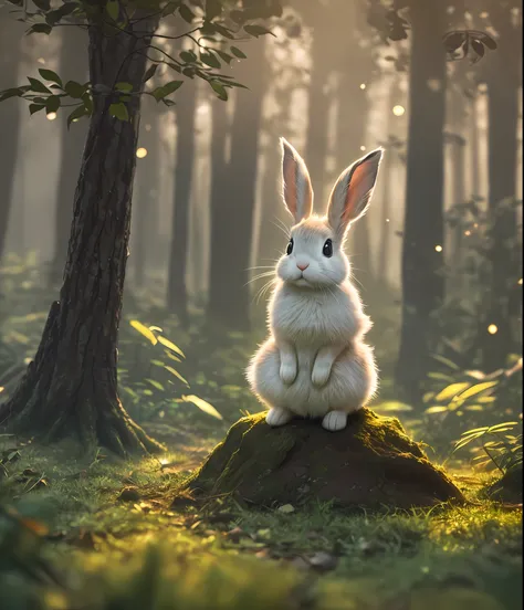 close up photo of a very cute jumping rabbit in the forest, soft volumetric lights, (backlit:1.3), (cinematic:1.2), intricate de...