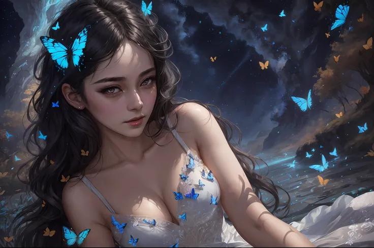 there is a woman in a white dress with butterflies in her hair, fantasy art style, 4k highly detailed digital art, beautiful digital artwork, beautiful fantasy art, digital fantasy art ), ross tran 8 k, 4k detailed digital art, artwork in the style of guwe...