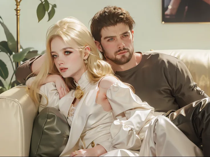 (( 30 years, big man short brown hair, tall ))with ((1woman blonde long hair)) art style guweiz , simple background , couple ,bokeh ,sitting on couch