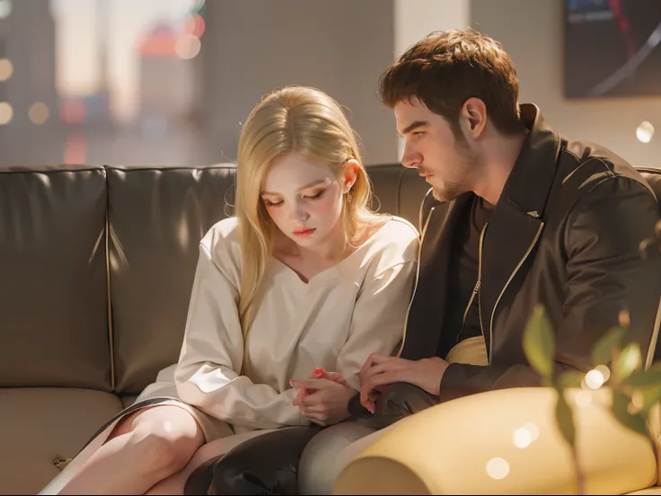 (( 30 years, big man short brown hair, tall ))with ((1woman blonde long hair)) art style guweiz , simple background , couple ,bokeh ,sitting on couch