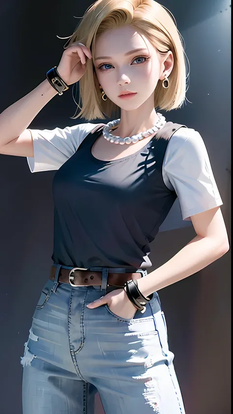 8k, real picture, intricate details, ultra-detailed,(photorealistic),
and18, 1girl, android 18, blonde hair, blue eyes, belt, jeans, pearl_necklace, bracelet, black gloves, white shirt, short hair, short sleeves, earrings, blue pants, open vest, black vest...