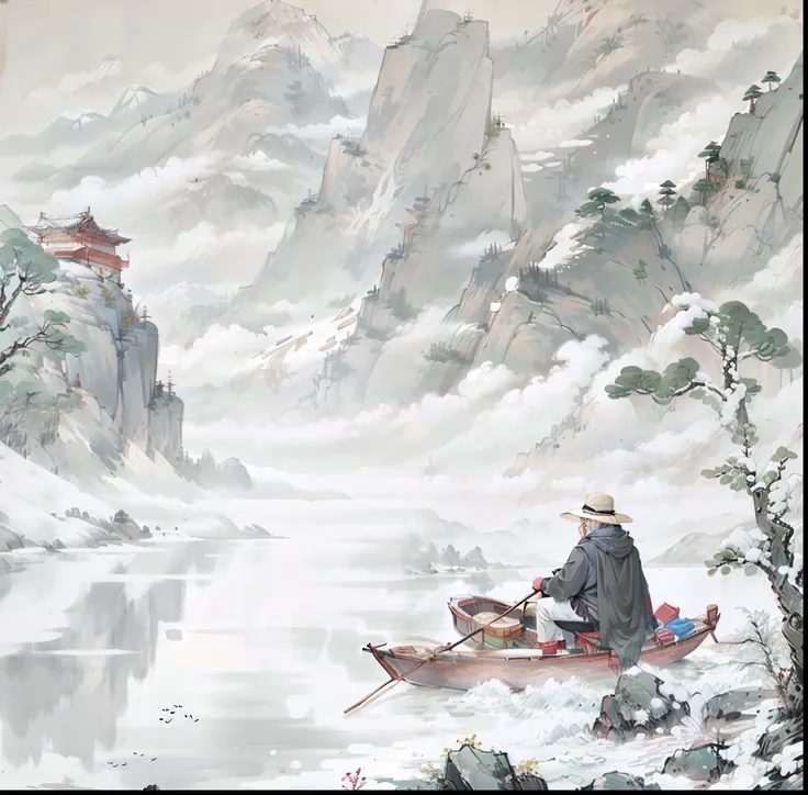 tmasterpiece,high qulity,a drawing of a chinese landscape with mountains,an old man sits on a small boat fishing,the old man was...