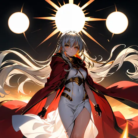 (sun:1.2),shine,shining,glow,gleam,highlight,girl,glowing hair,gold hair,silver hair,long hair,aura of light,red cloak,metalhear...