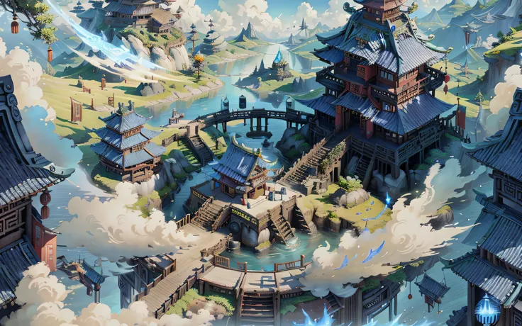 immortal world, fairy island, sky realm, blue and white tones, science fiction style, ancient chinese architecture