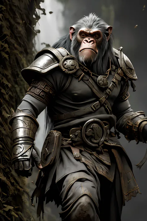 photography, ashuralora white monkey in arcane armor, ((splint mail armor)), battle field, rim lighting, ornate, detail, flowers, blurry background, soft focus, (Absurdres, Intricate Details, Masterpiece, Best Quality, High Resolution, 8k), 1 male chimpan...