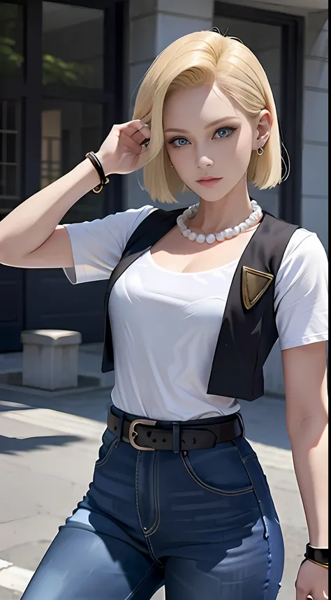 8k, real picture, intricate details, ultra-detailed,(photorealistic),
and18, 1girl, android 18, blonde hair, blue eyes, belt, je...