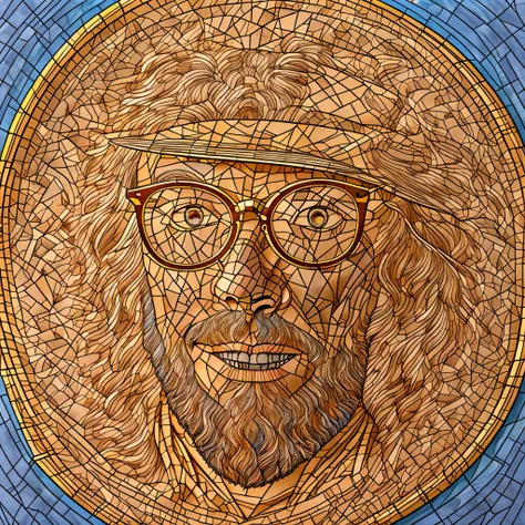 image of a man with glasses and hat on a gold medal, retrato de jean giraud, retrato de sam hyde, pulitzer prize, pulitzer prize...