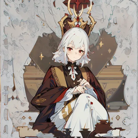 wallpapers, ultra high quality, apathy，white hair，dark red pupils，sitted，cold shades，unique style depiction，gold pattern