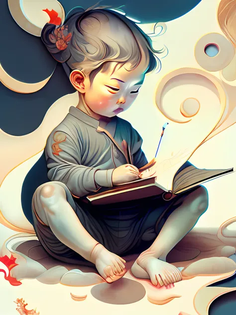 little boy eagerly writing book with brush in front of white background by james jean。12 chinese zodiac signs that jump out of t...