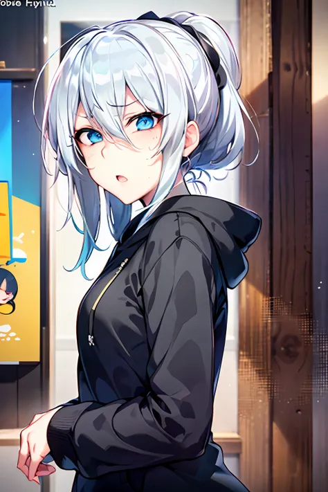 yukino, silver hair and  eyes in a black hoodie, anime visual of a cute girl, screenshot from the anime film, & her expression i...