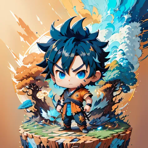 son goku, with blue hair, in a chibi form, standing on a mound of earth, surrounded by a layer of blue energy, (cute:1.0)