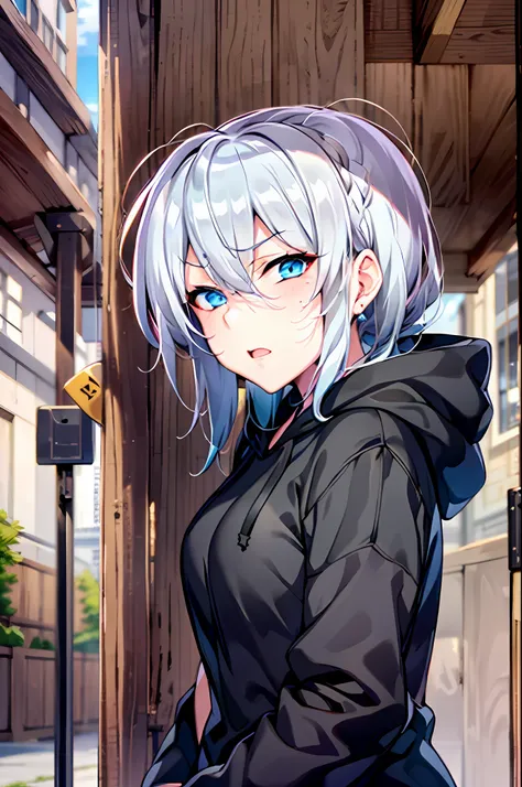 yukino, silver hair and  eyes in a black hoodie, anime visual of a cute girl, screenshot from the anime film, & her expression i...