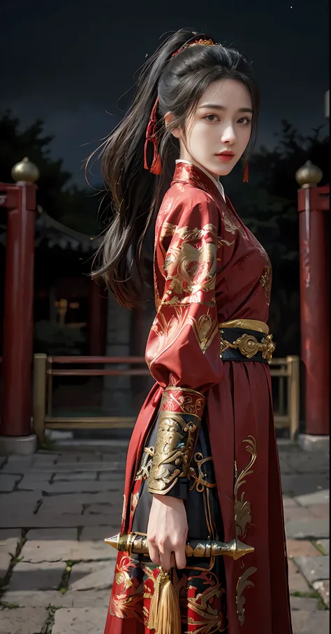 feiyu_clothes， red-fabric， gold embroidery， gold embroidered black bracer， high ponytails， depth of fields， night cityscape， 1gi...