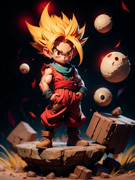 masterpiece, best quality, ultra-detailed, adult gohan 1boy, solo, full body, evil smile, gold glowing hair, spiked hair, (((red...