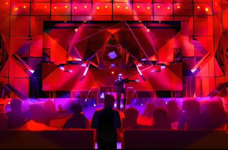 alphad image of a man holding a microphone and screen on stage, giant red led screens, geometric background; led, giant led scre...