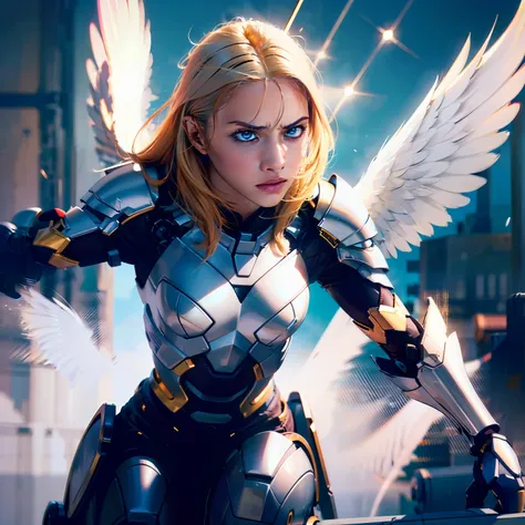 (highres, best quality, masterpiece), depth of field, adult female, solo, bold colors 4K, dramatic lighting, action scene, blonde hair, hair parted, hair between eyes, blue eyes, (detailed eyed), looking fierce, serious expression, angry expression, lookin...