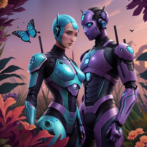 two people in colorful garden，flowers and butterflies on purple background，blue robot, android jones, ex machina, afro futurism,...