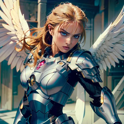 (highres, best quality, masterpiece), depth of field, adult female, solo, bold colors 4K, dramatic lighting, action scene, blonde hair, hair parted, hair between eyes, blue eyes, (detailed eyed), looking fierce, serious expression, angry expression, lookin...