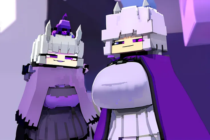 light gray hair, dark purple cape , white clothes, dark blue skirt, evil smile, female