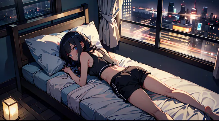 (masterpiece, top quality) 1 girl, (black tank top: 1.4), (black shorts: 1.3), love hotel, big bed, lying on bed, night, window,...