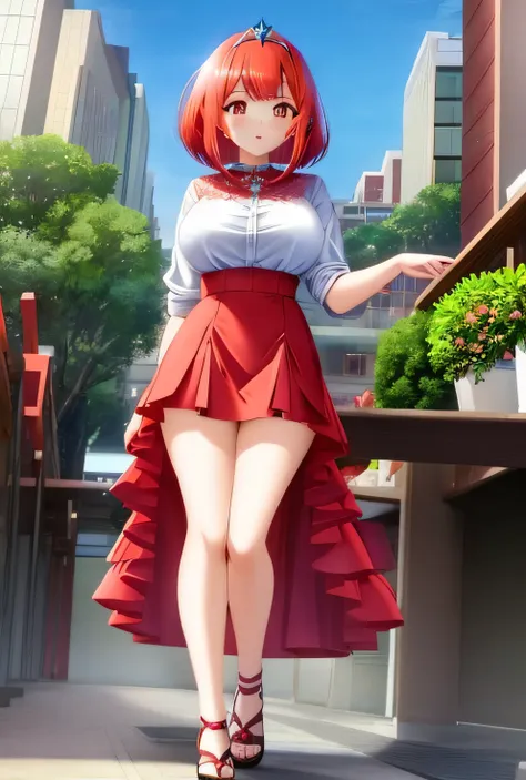 (woman in casual clothes, vermilion hair, red-haired、bob hair, emerald tiara, cute face、anime style like xenoblade)