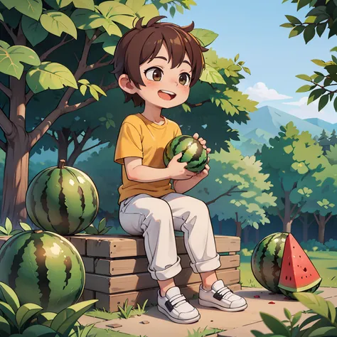 masterpiece, best quality, ruit,1boy, solo,eating,holding watermelon, (more cut watermelon:1.2),yellow shirt, male focus, brown ...