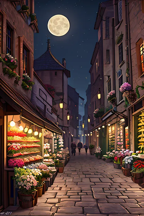 medieval street，flower shop，the night，themoon，empty of people，old street，high detal，unreal engine rendered