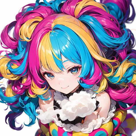 clown,smile,big hair,(wavy multicolor hair:1.2),(smokeanywhere:1.4)