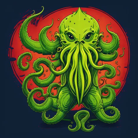 high-quality line-art t-shirt design showcasing the full render of the elder god cthulhu, featuring bold outlines and vibrant co...