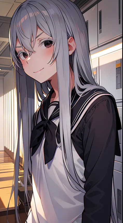 school sailor uniform, at school, near lockers, arrogant expression, domineering smile, masterpiece, best quality
