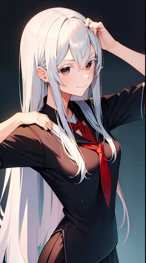 school sailor uniform, at school, arrogant expression, domineering smile, masterpiece, best quality, silver hair