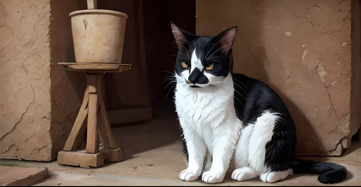 Leo, a black and white cat, wearing yellow apron, standing upright, looking sad, anime style, realistic, anthropomorphic features,