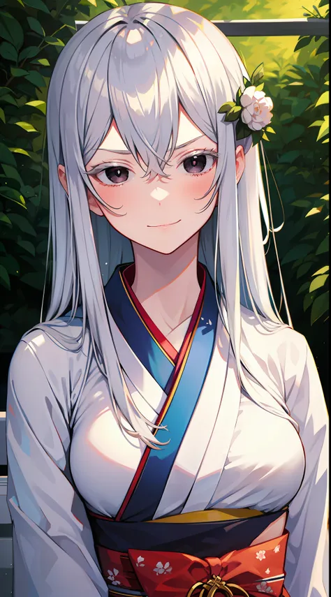 white kimono, at japanese festival, arrogant expression, domineering smile, masterpiece, best quality, silver hair, black eyes