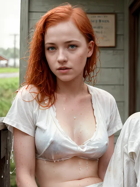 a portrait of a (soaking wet of a milk:1.2) redhead, freckles teacher is sitting on a porch, [nipples : white shirt : 18], visib...