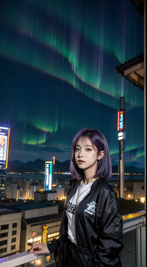 (best quality, masterpiece), 1girl, watching aurora borealis, neo tokyo background, half body, with streetwear urban , purple ha...