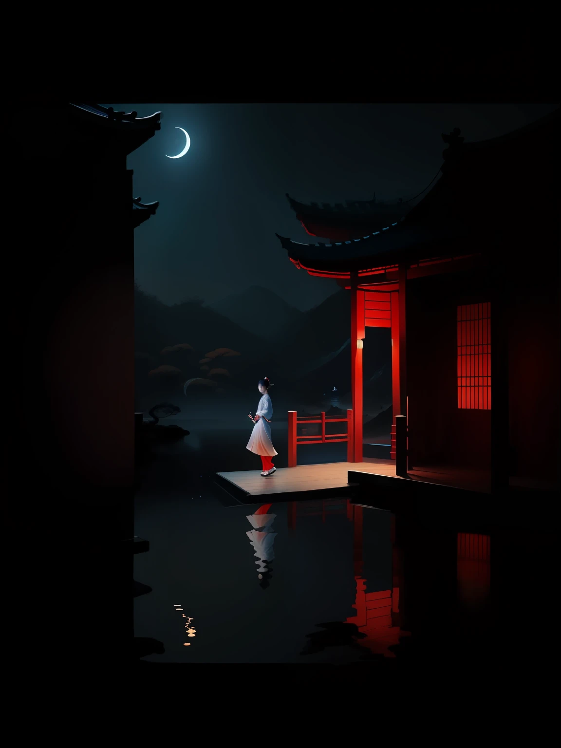 a night scene with a Chinese lady walk through the Chinese porch, Minimalist illustrations, classical, Chinese Zen, minimalism, Tang dynasty, landscape painting, red and classical blue gradient, water reflection ,moon, zen-like tranquility