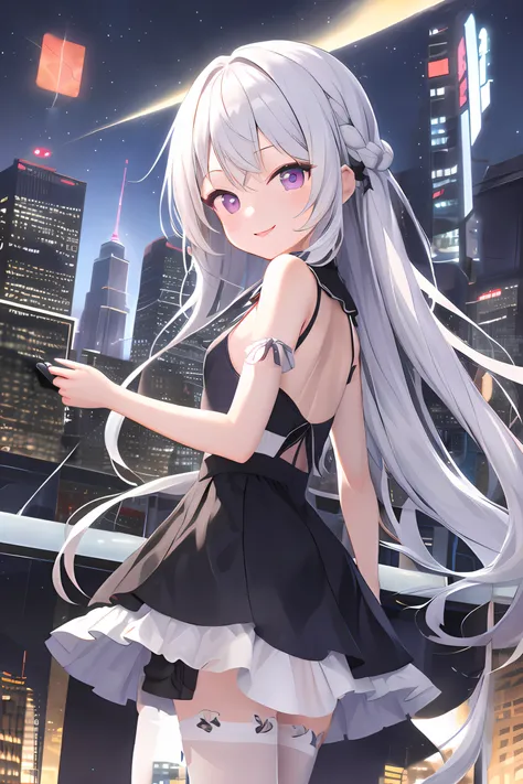 anime girl with long white hair and black dress standing in front of the city, loli in dress, anime girl wearing black dress, cu...