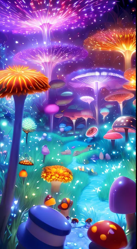 an underground labyrinth illuminated by a cinematic glow, inhabited by fireflies and crawling ants. vibrant and detailed mushroo...