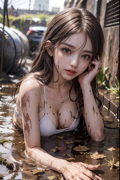 top-quality、8K、masterpiece、Real Focus、((Narrow tunnel of broken brick、Rancid dark sewer、Littered with filth、Sewage channels full of feces、A lot of garbage、The dirtiest underground tunnels))、Bricks are covered with moss、(beautiful a girl、Constricted waist、...